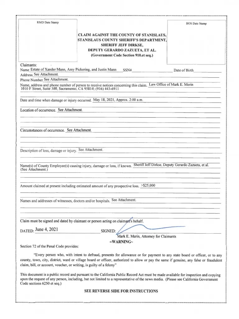 Stanislaus County Deputy Shooting Gov. Claim PDF Sheriffs In The