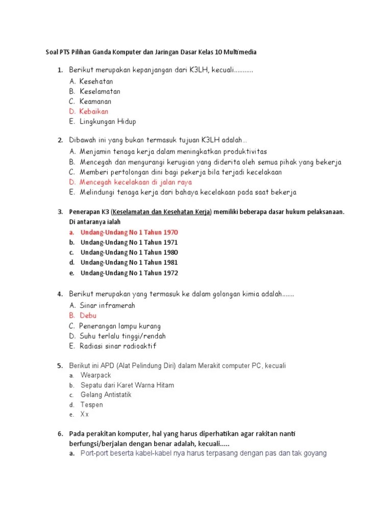 Soal PTS Pilihan Ganda Komputer Dan Jaringan Dasar Kelas 10 Multimedia | PDF