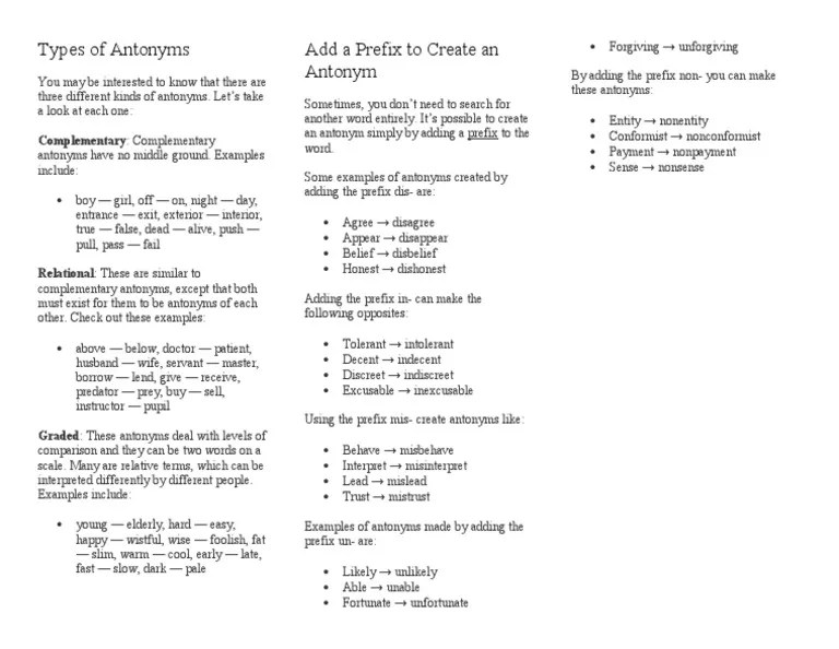 Types of Antonyms Add A Prefix To Create An Antonym Complementary