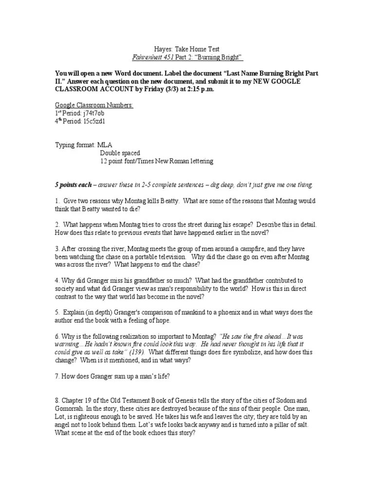 Fahrenheit 451 Take Home Test (1) Burning Bright Part II PDF Sodom