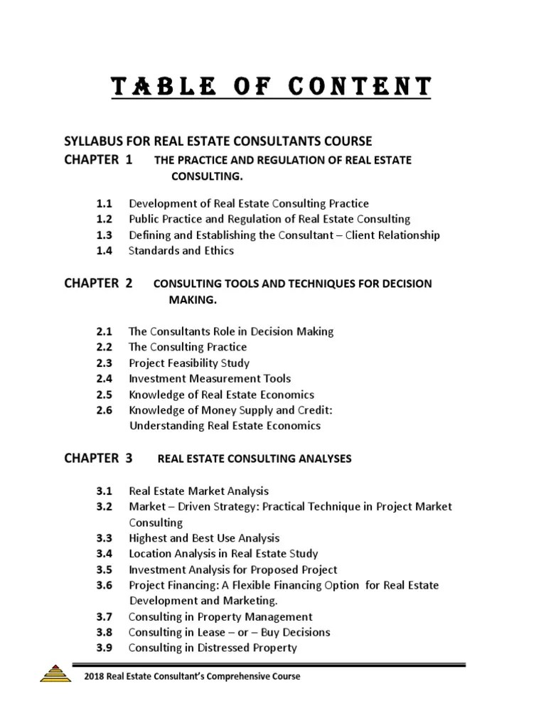 Table of Content Syllabus For Real Estate Consultants Course PDF