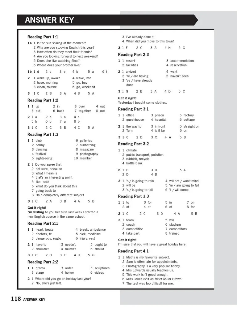 Answer Key: Reading Part 1:1 | PDF | Restaurants | Sports