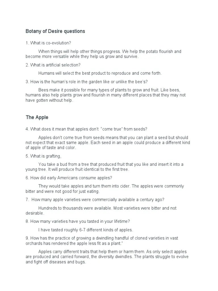 Botany of Desire Questions PDF Apple Tulip
