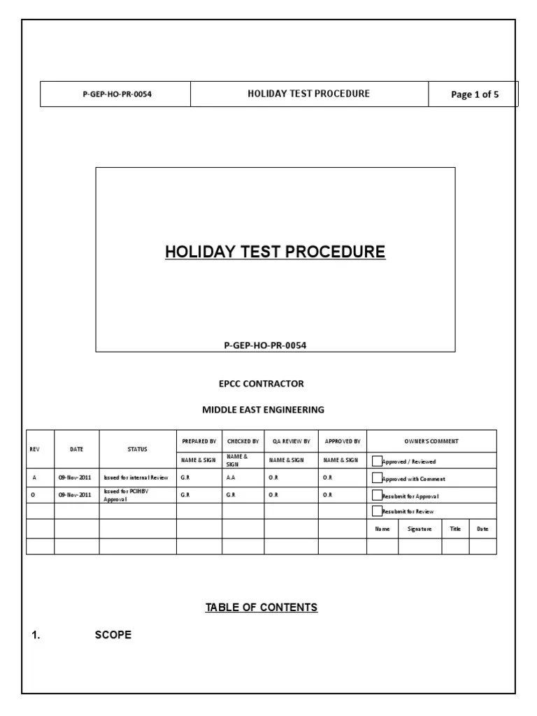 Holiday Test Procedure PDF Quality Assurance Paint