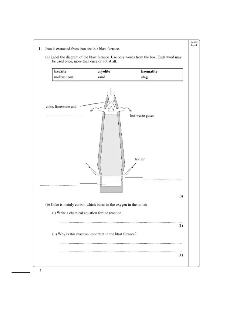 Iron Is Extracted From Iron Ore in A Blast Furnace. Leave Blank PDF