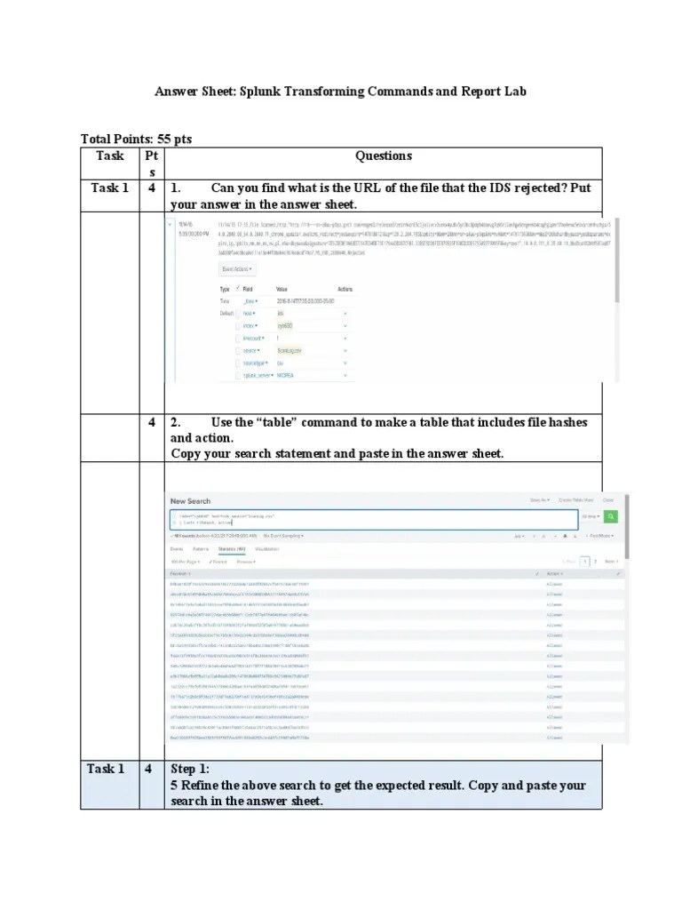 Answer SheetSplunk Transforming Commands and Report PDF Computer