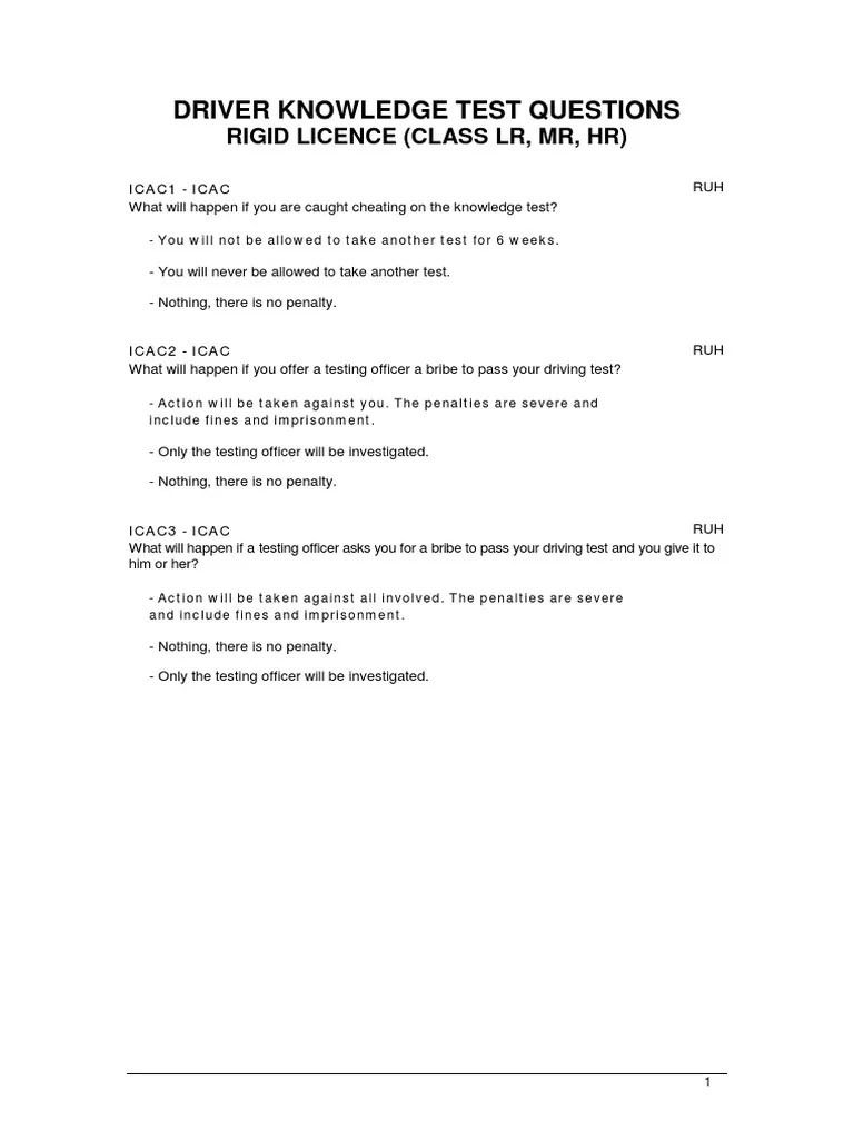 Driver Knowledge Test Questions Heavy Rigid PDF Headlamp Traffic