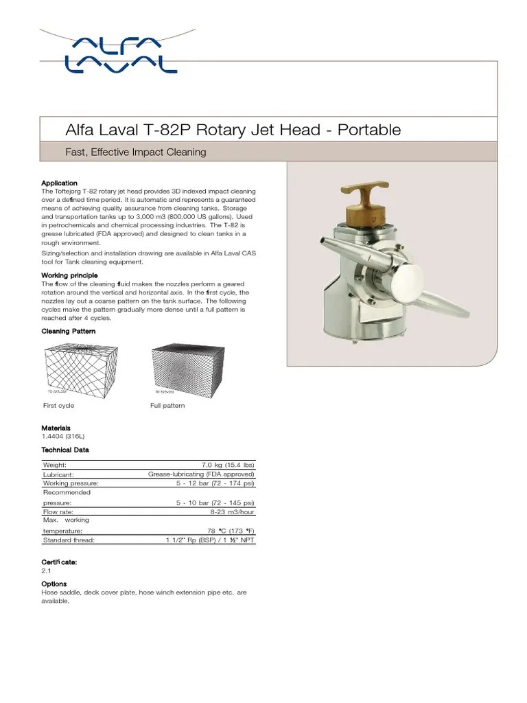 Alfa Laval T82P Rotary Jet Head Portable Fast, Effective Impact