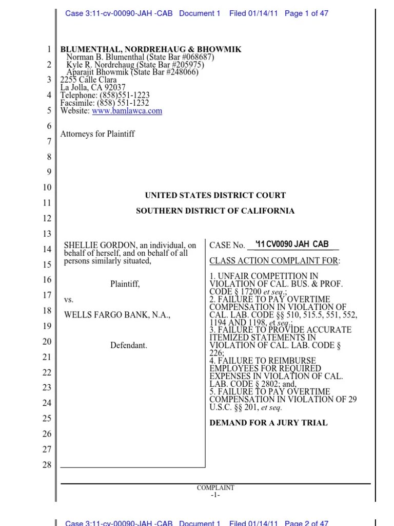 Gordon v. Wells Fargo Overtime Class Action