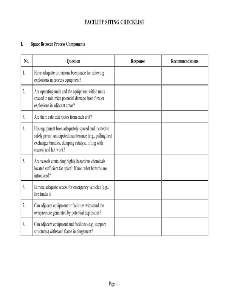 Facility Siting Checklist I. Space Between Process Components PDF
