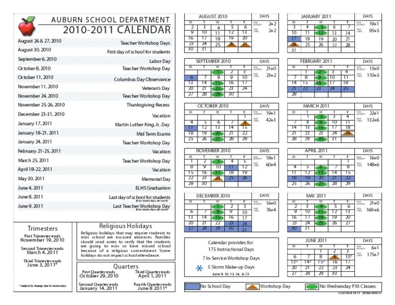 Auburn School Calendar 20102011 PDF Academic Term Academia