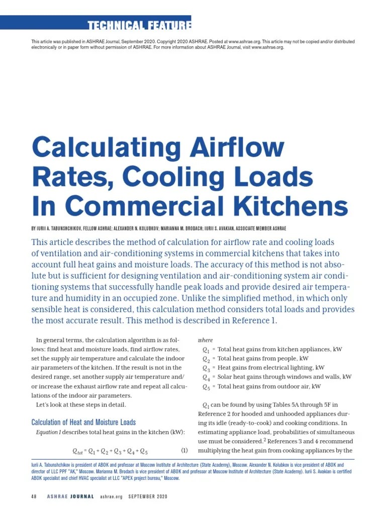 Calculating Airflow Rates, Cooling Loads in Commercial Kitchens PDF