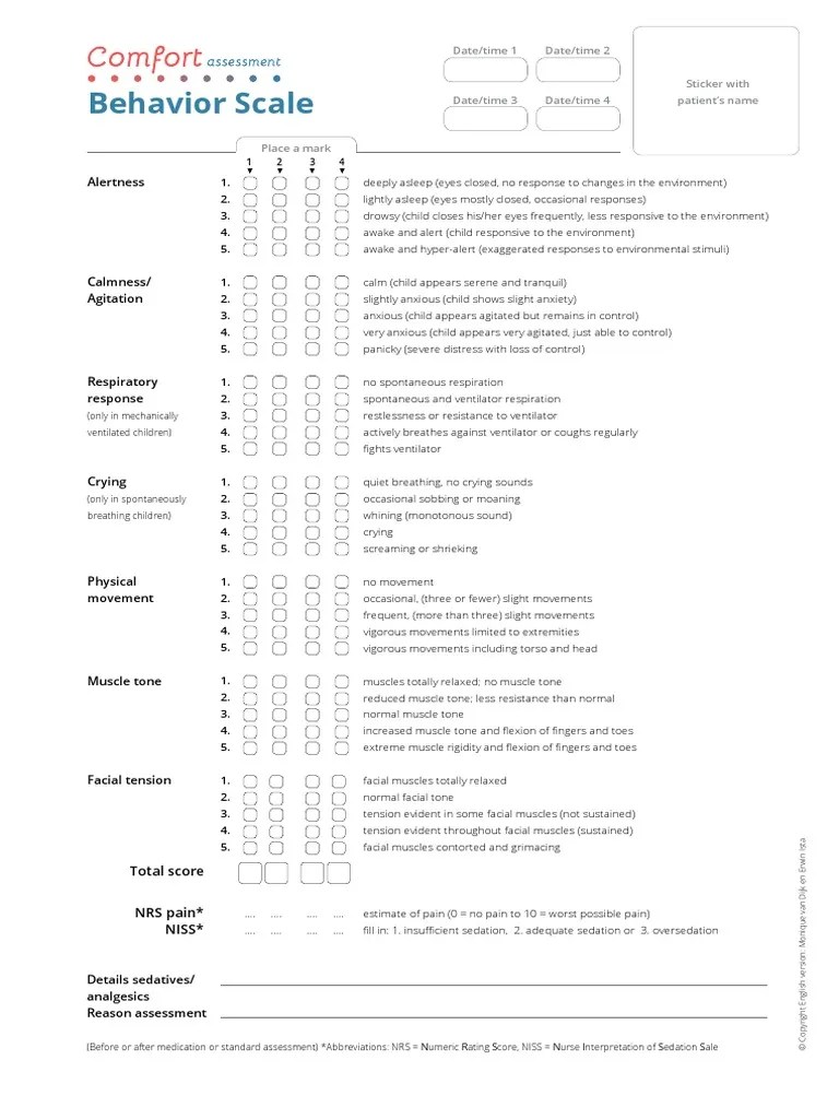 COMFORT Behavior Scale Final Version April 2015 PDF Anxiety