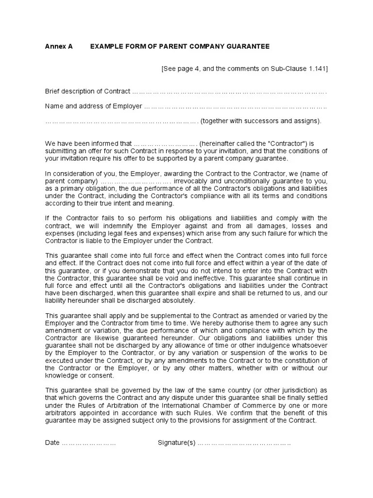 Annex A EXAMPLE FORM OF PARENT COMPANY GUARANTEE PDF Guarantee