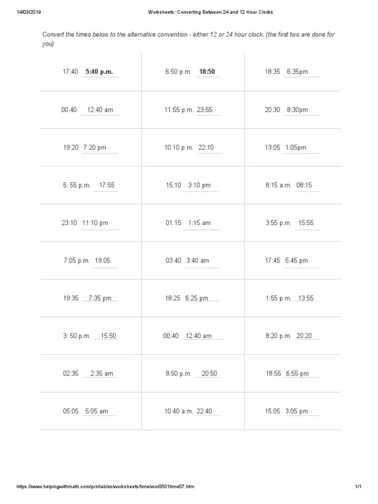 24 Hour Clock Worksheet PDF