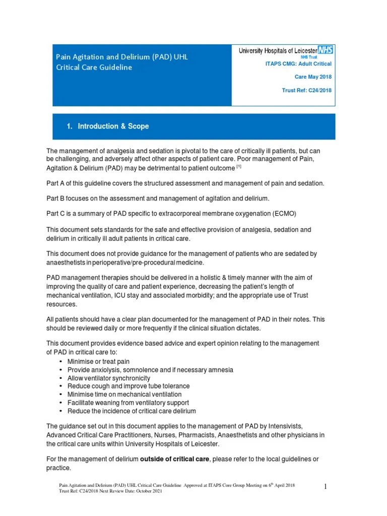 Pain Agitation and Delirium (PAD) UHL Critical Care Guideline PDF
