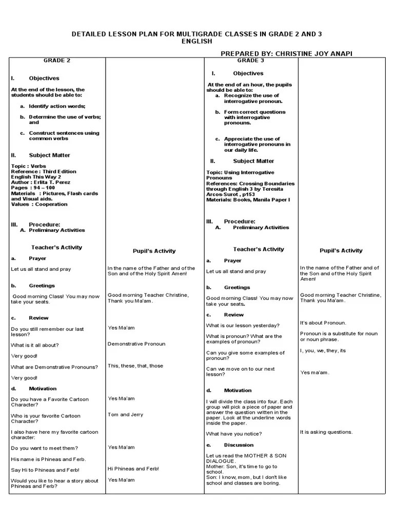 Detailed Lesson Plan For Multigrade Classes in Grade 2 and 3 PDF Pronoun Question
