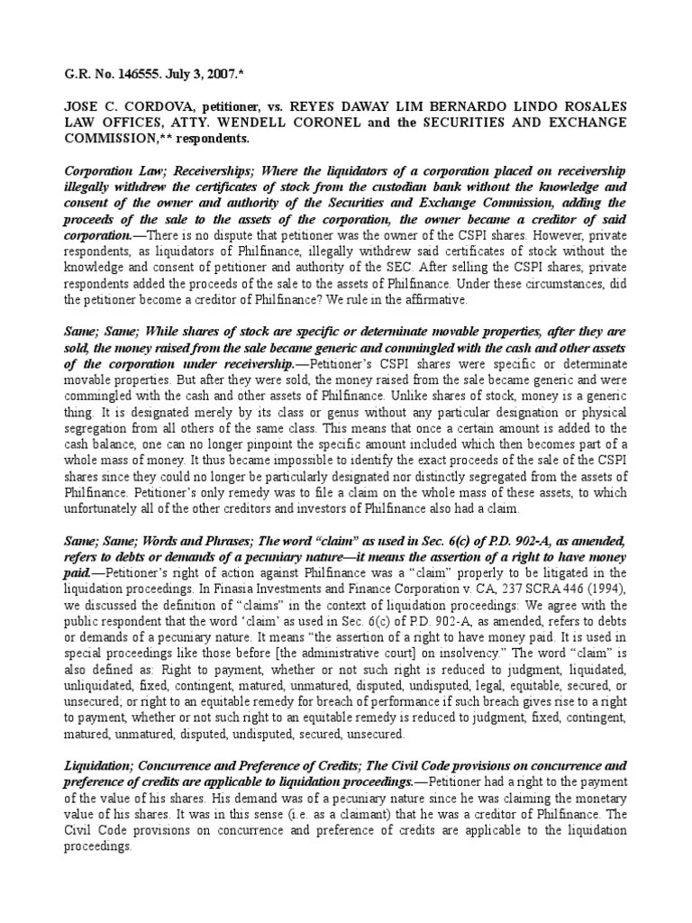 Cordova vs. Reyes Daway Lim Bernardo Lindo Rosales Law Offices PDF Liquidation Damages