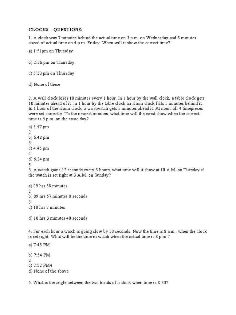 CLOCKS Questions PDF Clock Hour