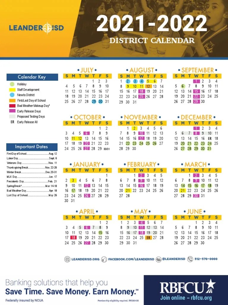 Leander ISD 20212022 School Calendar PDF Educational Organizations
