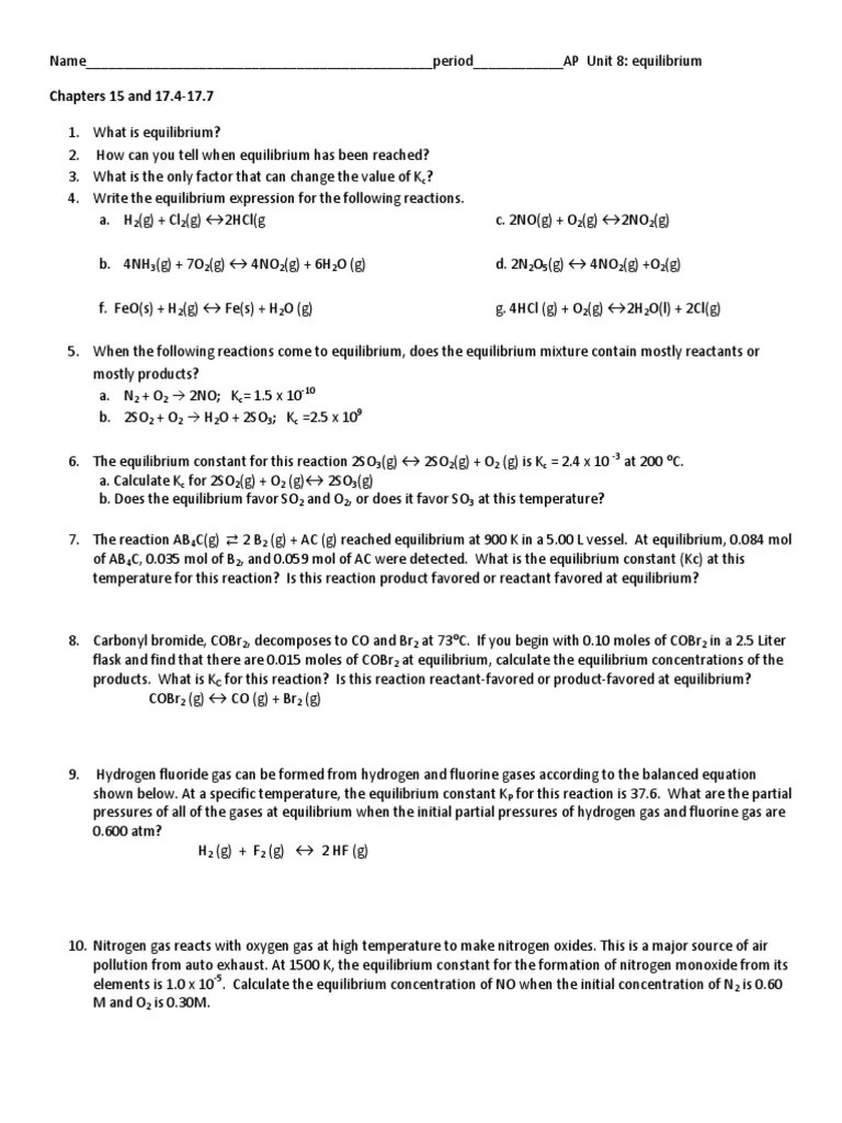 Ap Equilibrium Worksheet PDF Chemical Equilibrium Solubility