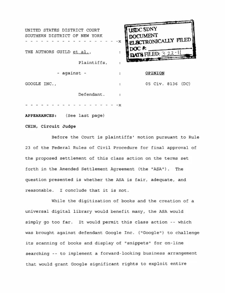 Google Settlement Rejection Filing Class Action Copyright Free 30