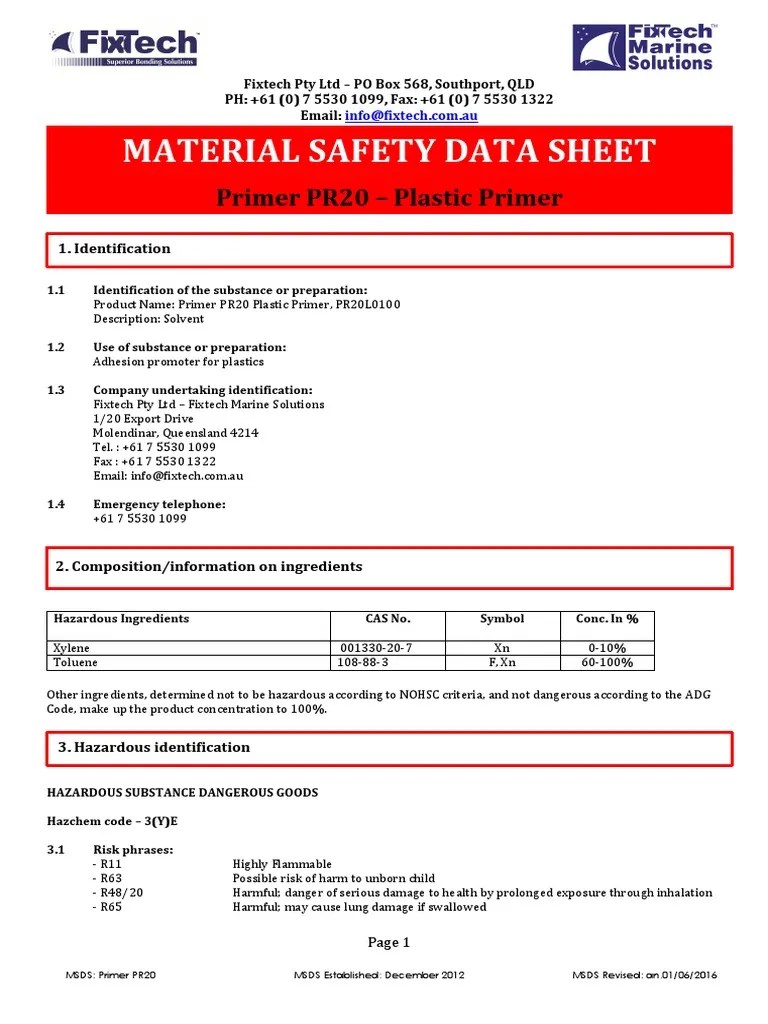 Material Safety Data Sheet Primer PR20 Plastic Primer PDF Fires