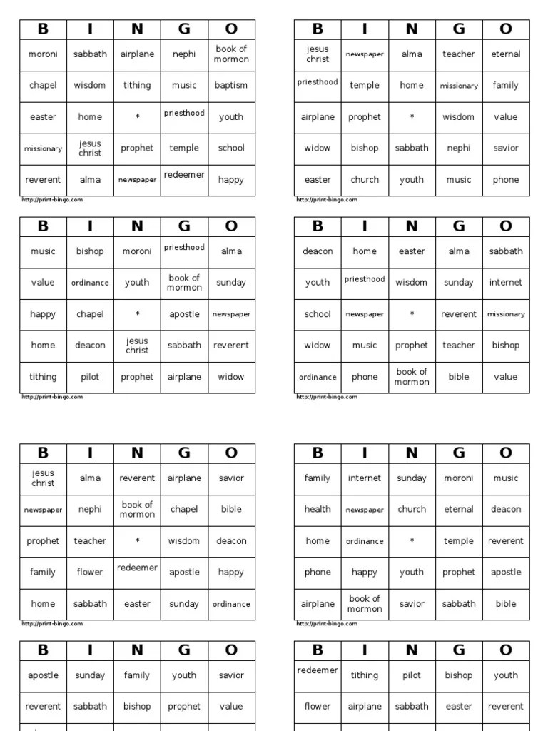 Bingo Cards 2x2 The Church Of Jesus Christ Of Latter Day Saints
