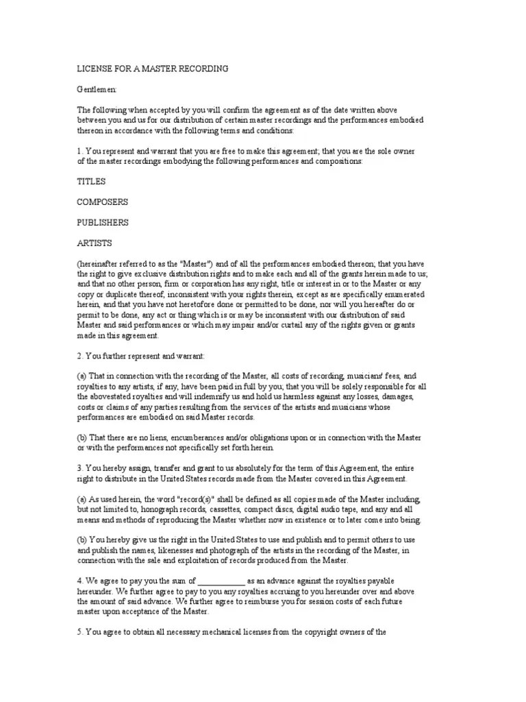 License For A Master Recording PDF License Royalty Payment