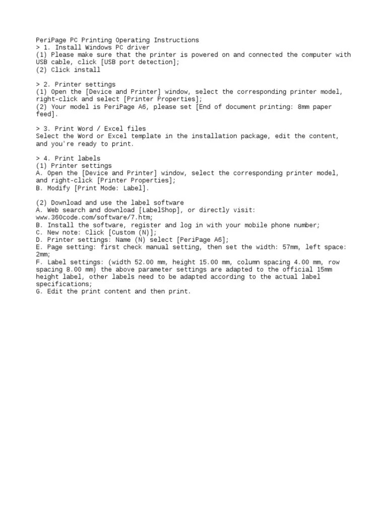 PeriPage PC Printing Operating Instructions (PeriPage A6) PDF