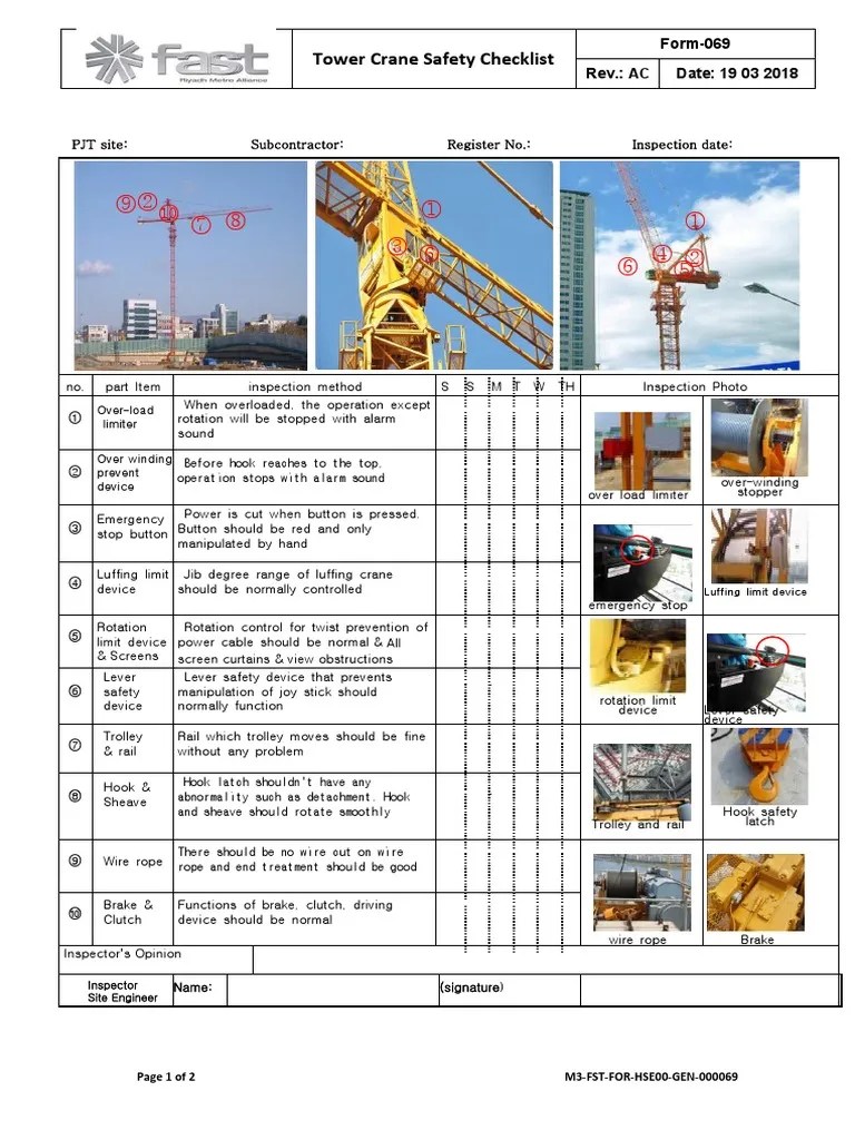 Form069Tower Crane Safety Checklist PDF Crane (Machine) Equipment