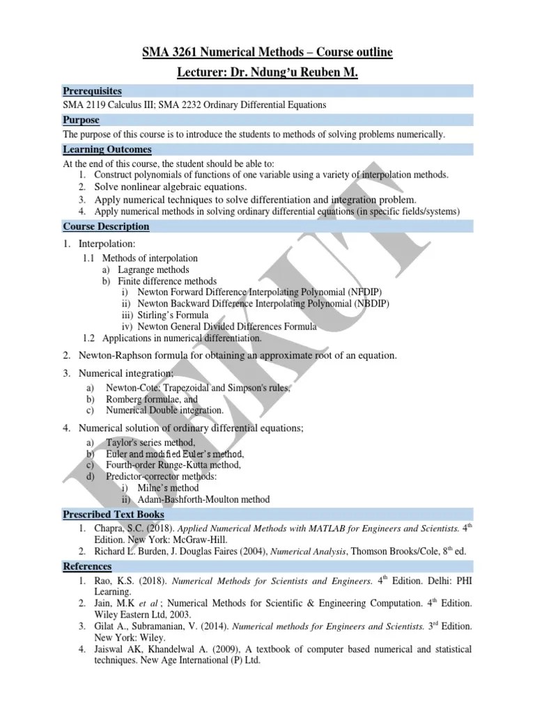 SMA 3261 Numerical Analysis Course Outline PDF