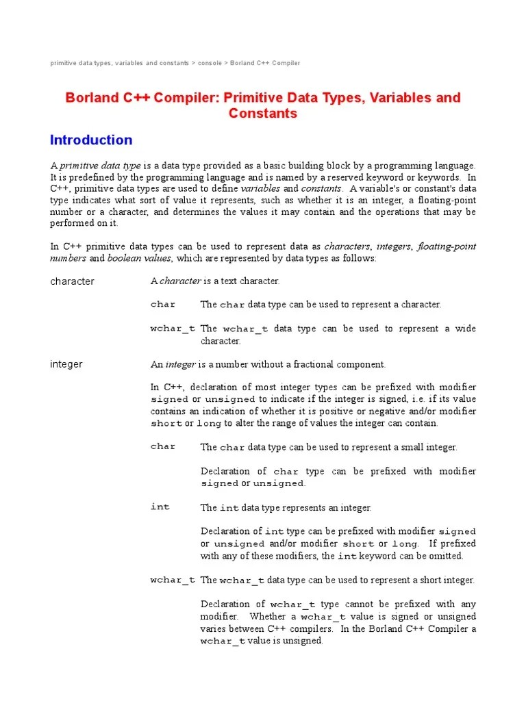 Borland C++ Compiler Primitive Data Types, Variables and Constants