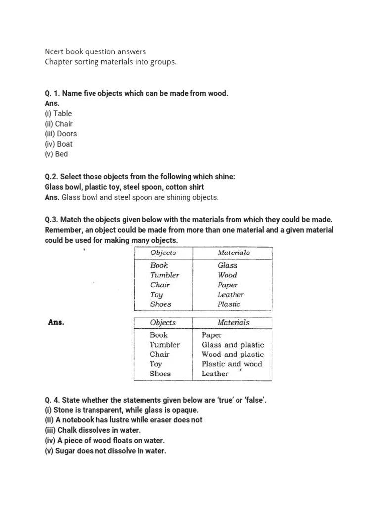 Ncert Book Question Answers Chapter Sorting Materials Into Groups PDF