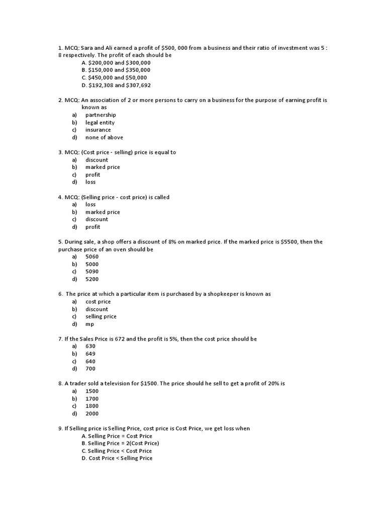 Business Math Practice Quiz PDF Prices Sales
