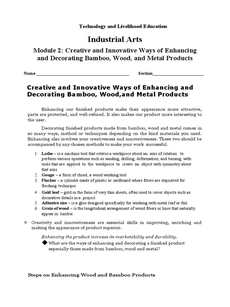 Industrial Arts Module 2 Creative and Innovative Ways of Enhancing