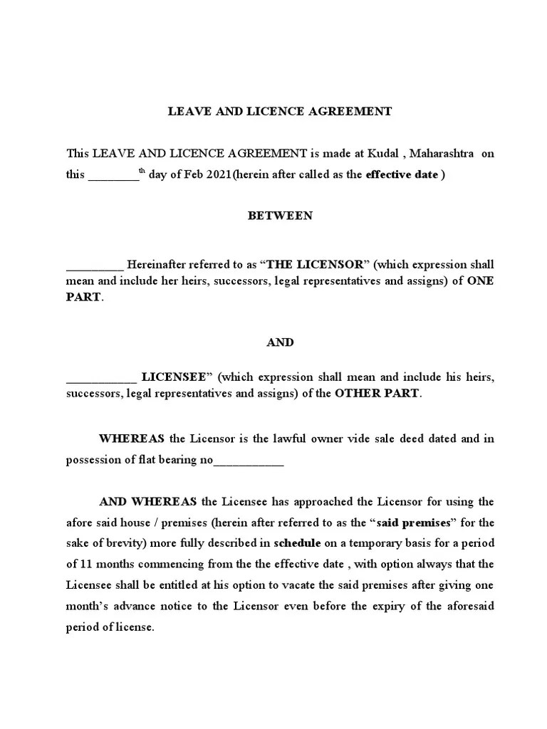 Leave and Licence Agreement PDF License Property