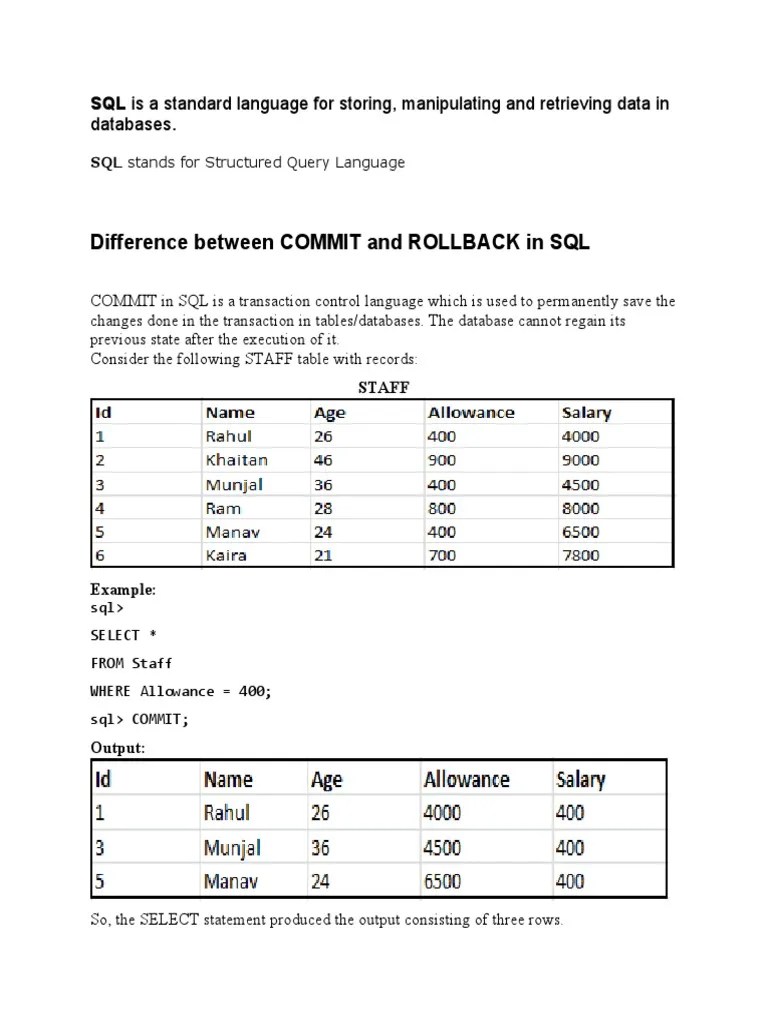 Difference Between COMMIT and ROLLBACK in SQL Databases PDF