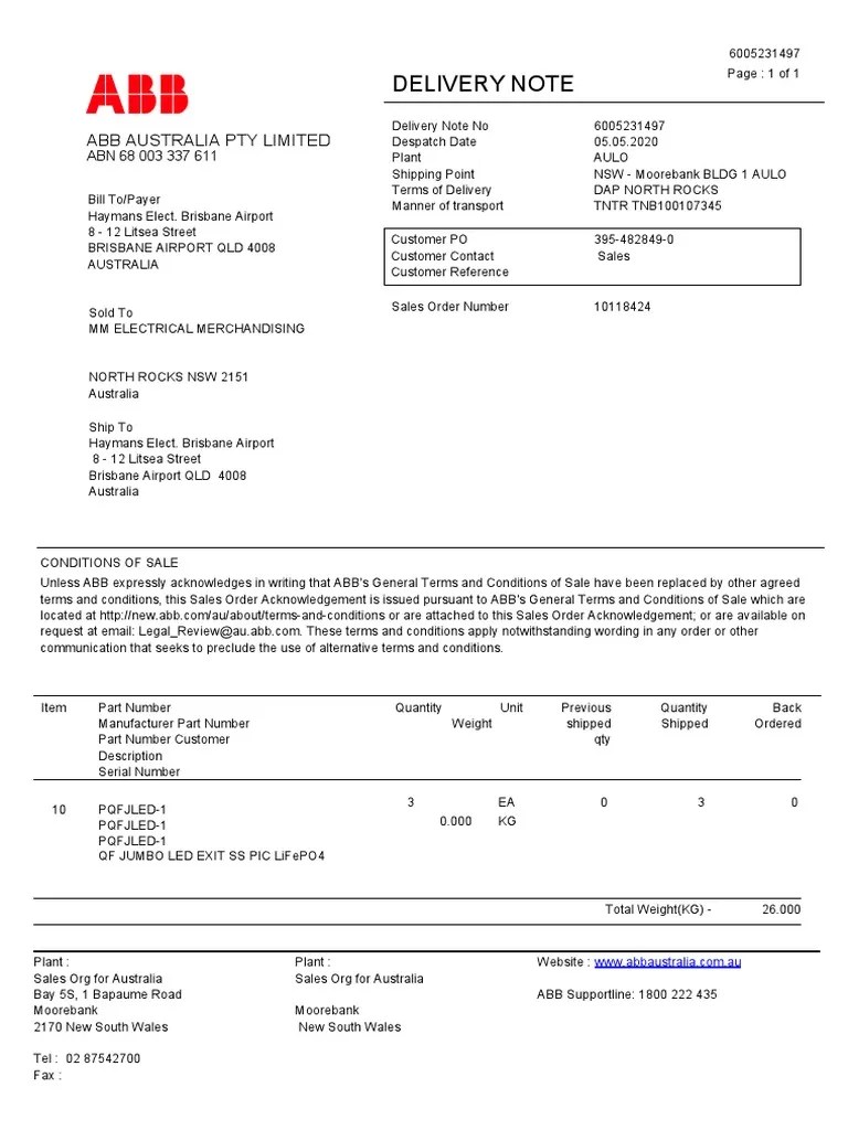 SAP Delivery Note Example PDF Business