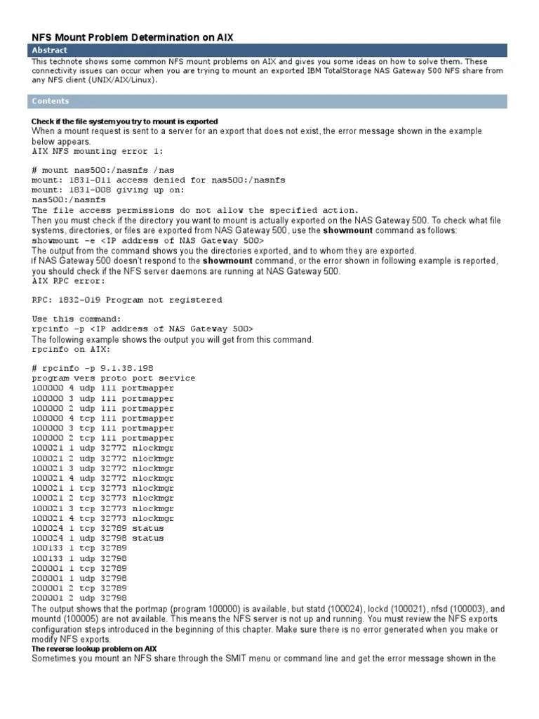 NFS Mount Problem Determination On Aix PDF Protocol Suite