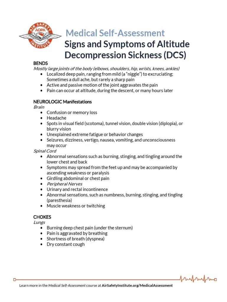 Signs and Symptoms of Altitude Sickness (DCS) Medical