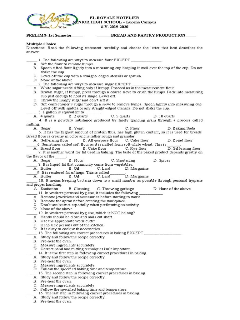 Bread and Pastry Production Exam Tos PDF Dough Breads