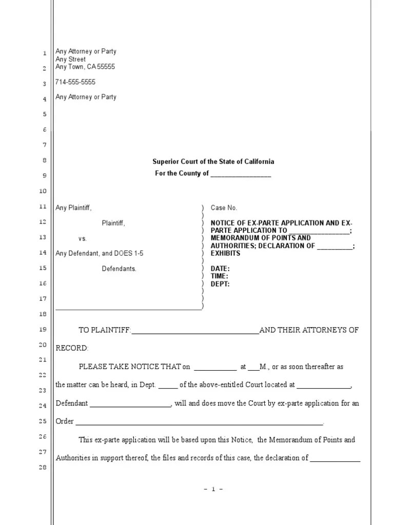 Sample ExParte Motion for California Ex Parte Legal Procedure