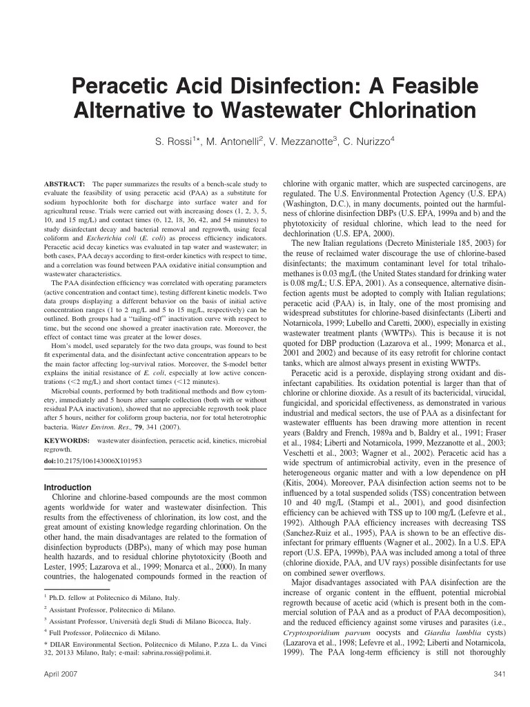 Peracetic Acid Disinfection A Feasible Alternative To Wastewater