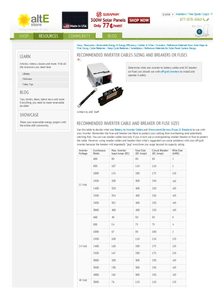 WWW Altestore Com Howto Recommended Inverter Cables Sizing and Breakers