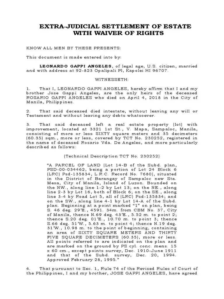 ExtraJudicial Settlement of Estate and Waiver of Rights Between