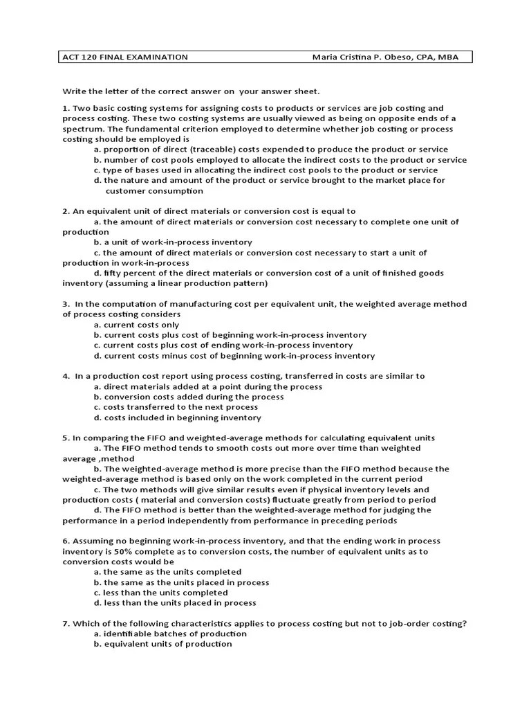 Act 120 Final Exam 2021 None Download Free PDF Cost Of Goods Sold