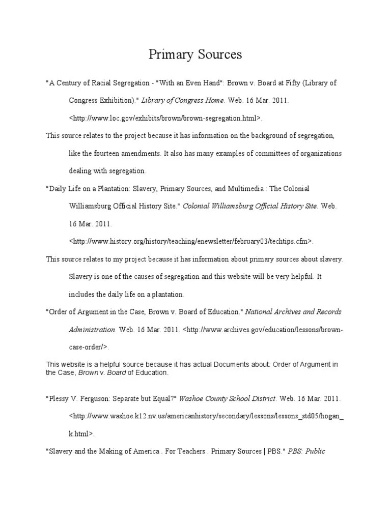 Primary and Secondary Sources PDF Jim Crow Laws Brown V. Board Of