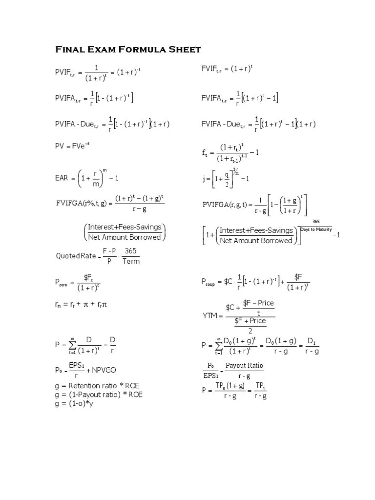Finance Formula Sheet PDF Dividend Net