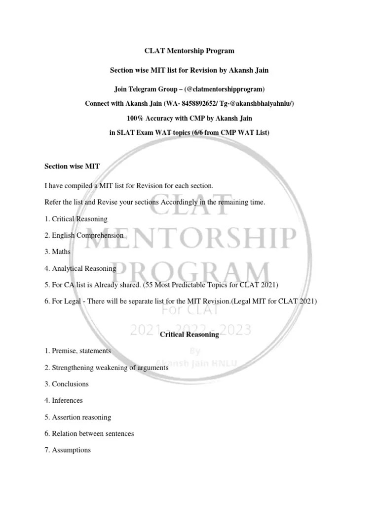 Section Wise MIT List by Akansh Jain CLAT Mentorship Program PDF